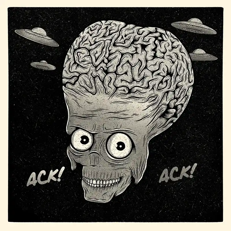 Illustration displaying a Martian head saying 'Ack! Ack! with four UFOs in the background