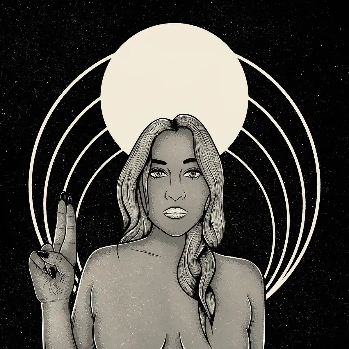 Illustration of a naked woman with her right arm raised in front of a tarot-like sun