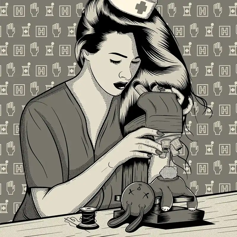 Illustration of a nurse using a microscope of a stuffed bunny for a gig poster for Blink-182