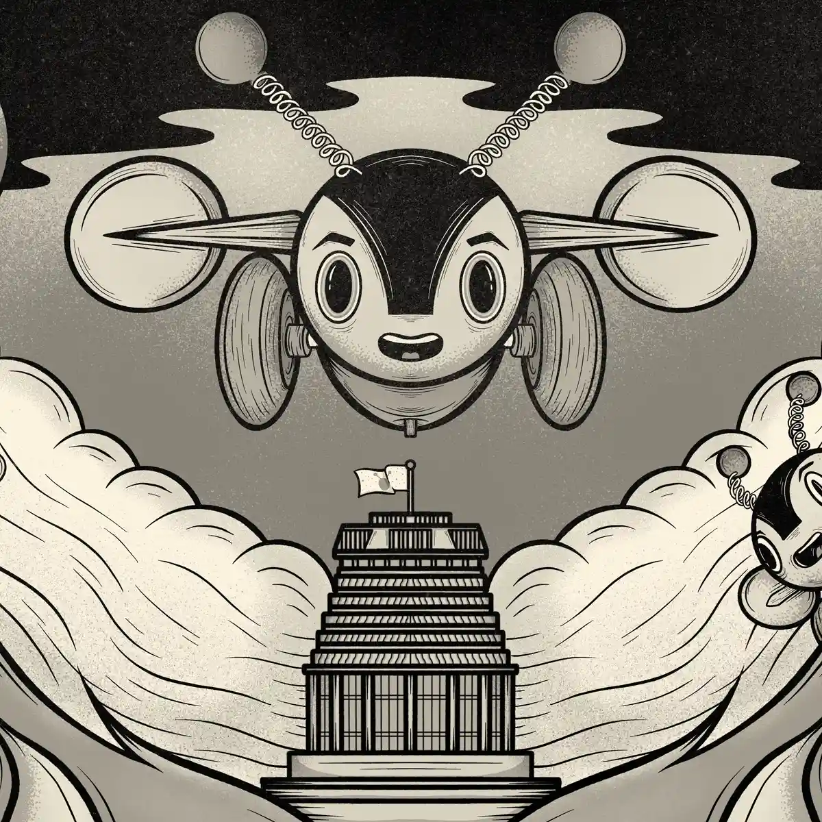 Illustration of a giant Buzzy Bee invading The Beehive in Wellington, New Zealand