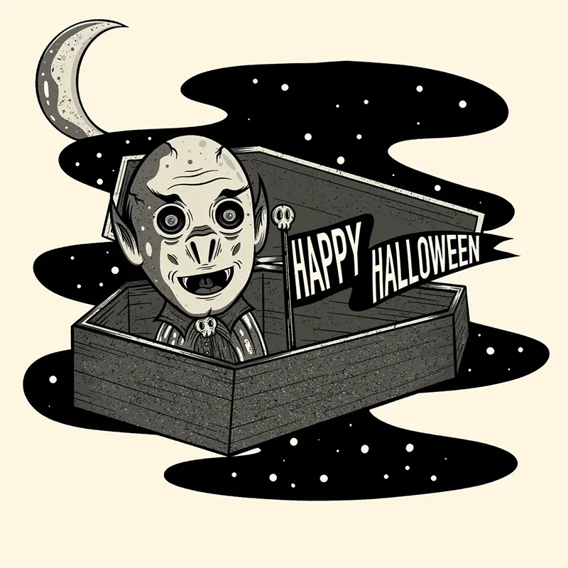 Illustration of a vampire sitting up in his coffin with a flag waving the words 'Happy Halloween'