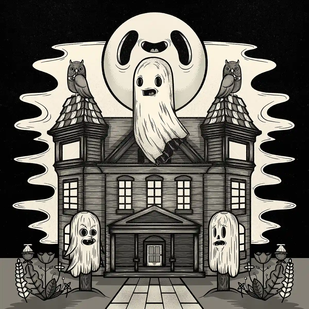 Illustration of a haunted house with a ghost hovering above with two spooky looking trees