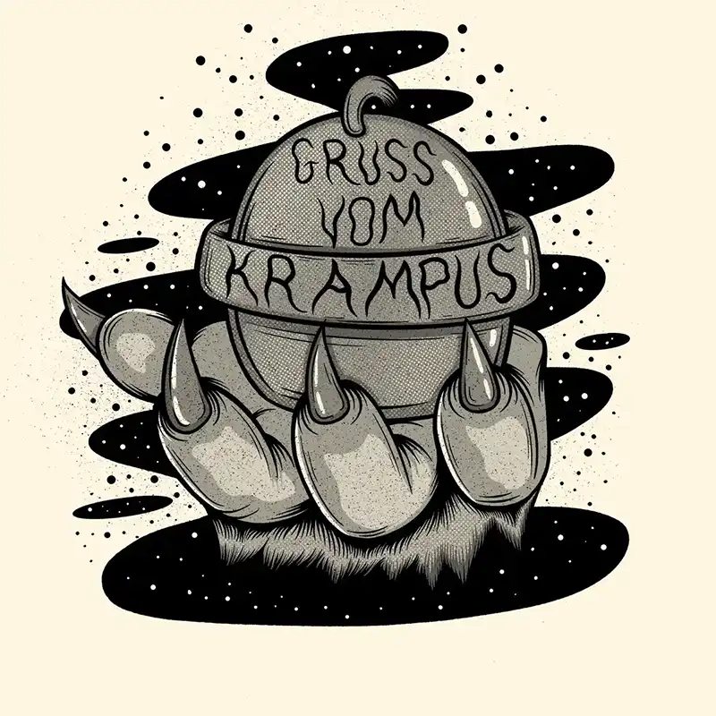 Illustration of Krampus' hand holding one of his belles with 'Gruss vom Krampus' written across it