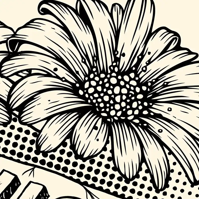Black & white illustration of a flower and lettuce leaf with a bar of soap for Lush Cosmetics