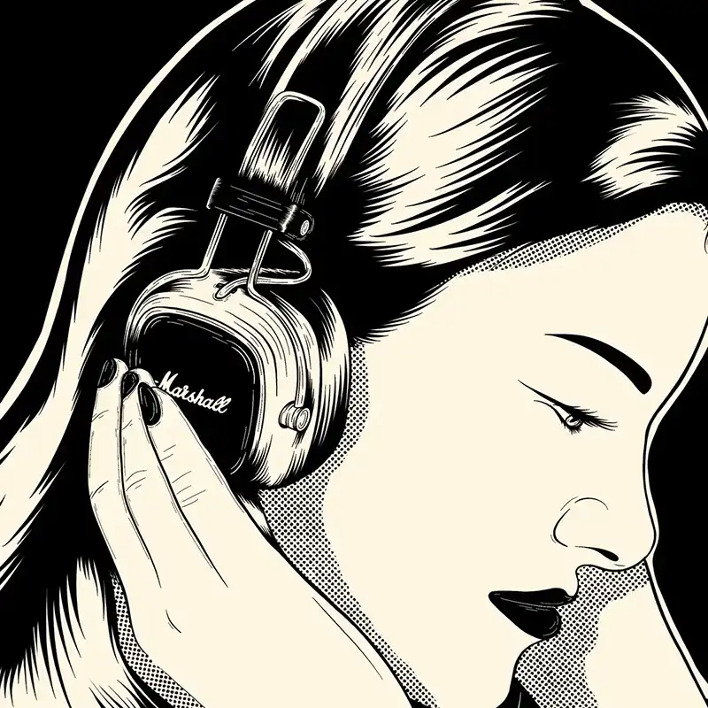 Black & white illustration of a woman listening to music through Marshall headphones