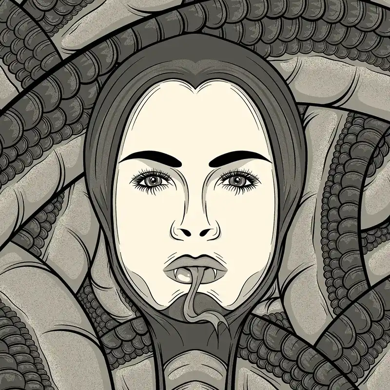 Illustration of a woman with the body of a snake in red and blue